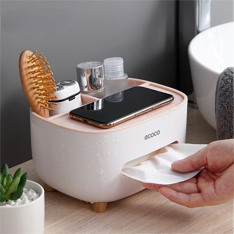 Multifunctional Tissue Box Cover with Storage Compartment, Remote Control Holder, Modern Organizer for Living Room, Bedroom, Kitchen, Desktop Desk Organizer to Declutter & Save Space